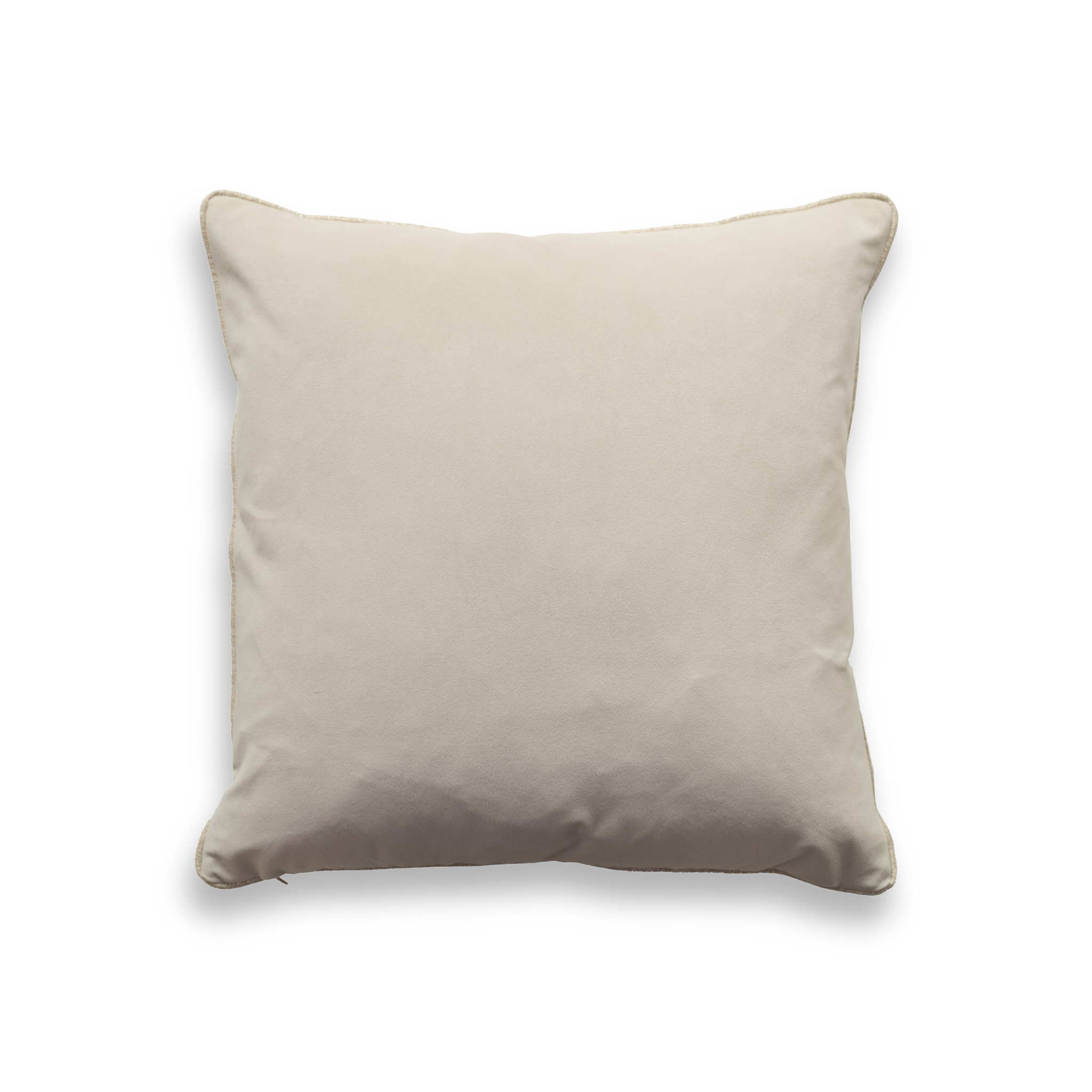 Product shot of the back of a decorative cushion which features a neutral textured fabric for simplicity and harmony.