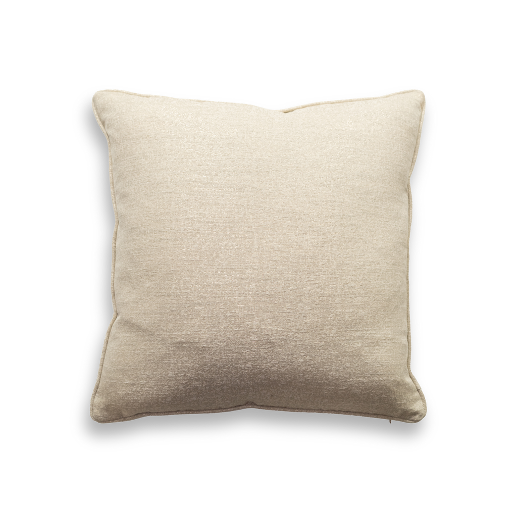 Product shot of the front of a decorative cushion which features a neutral textured fabric for simplicity and harmony.