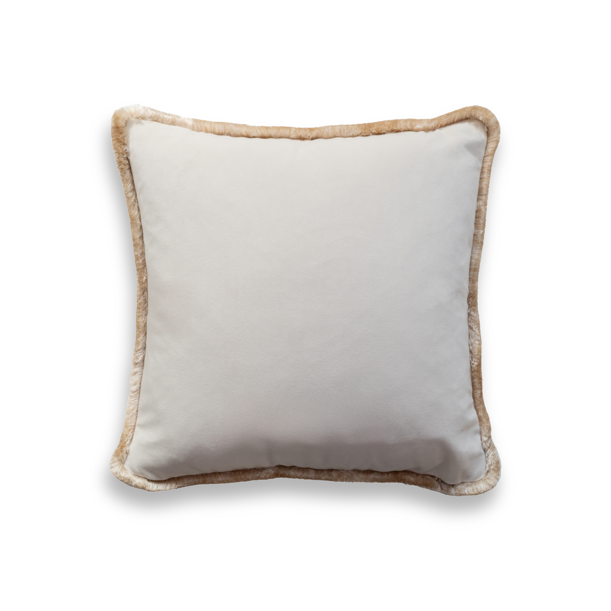 Product shot of the back of a decorative cushion which features an off-white fabric with an elegant tan velvet fringe around the edge of the cushion.
