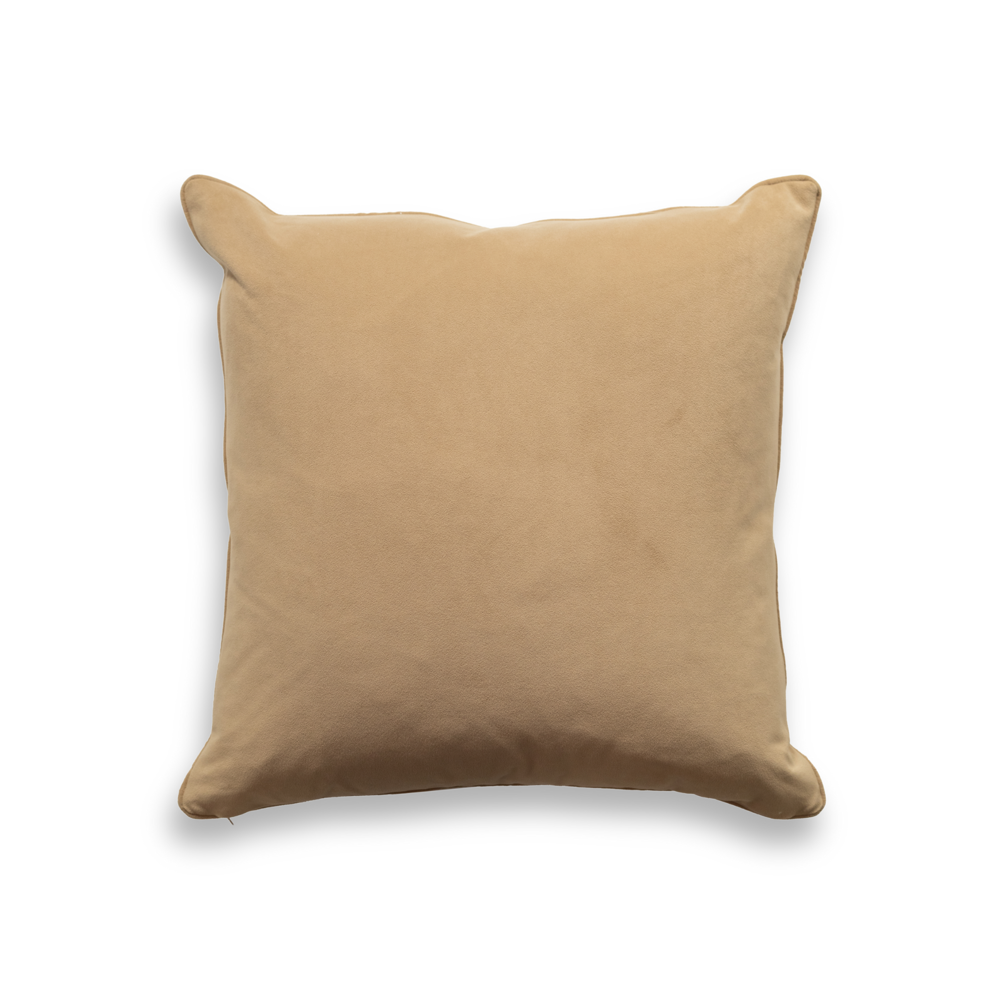 Product shot of the back of a decorative cushion which features a tan velvet fabric and an elegant piping around the edge of the cushion.