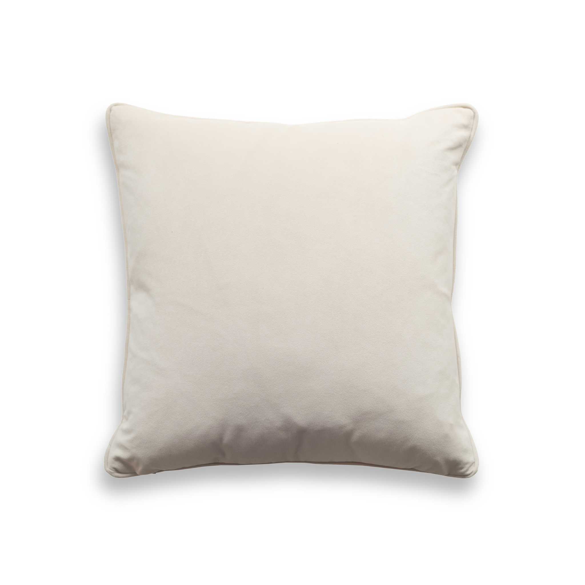 Product shot of the back of a decorative cushion which features a sleek off-white fabric.