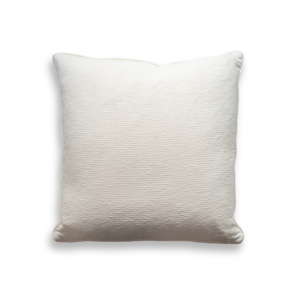 Product shot of the front of a decorative cushion which features an interesting off-white textured fabric.